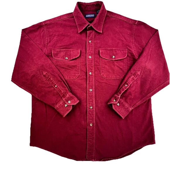Vintage Lands End Chamois Flannel Shirt Men L Red Work Long Sleeve Chest Pockets - Picture 2 of 10